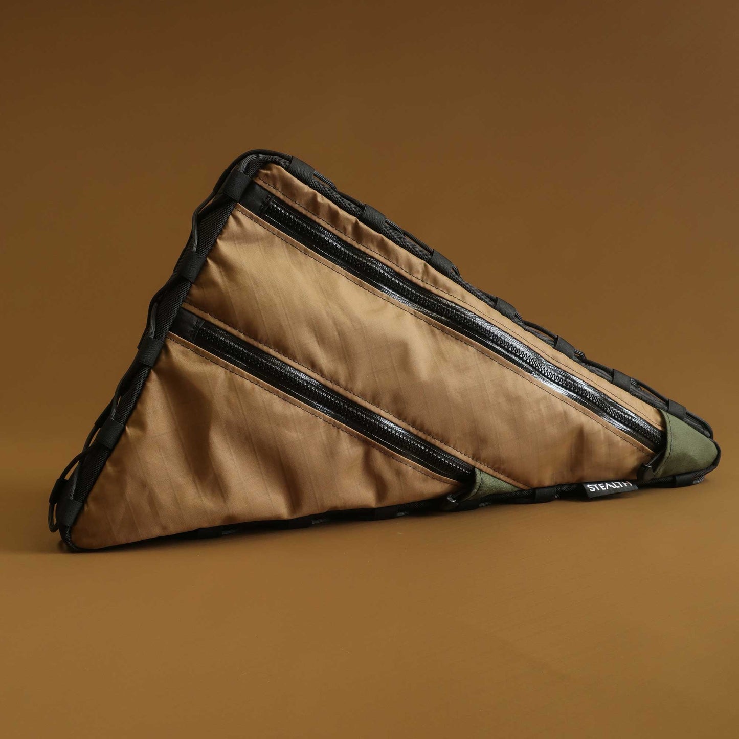 Large bikepacking frame bag in coyote EPX200 with double zip and lace-up attachment made by Stealth Wellington NZ