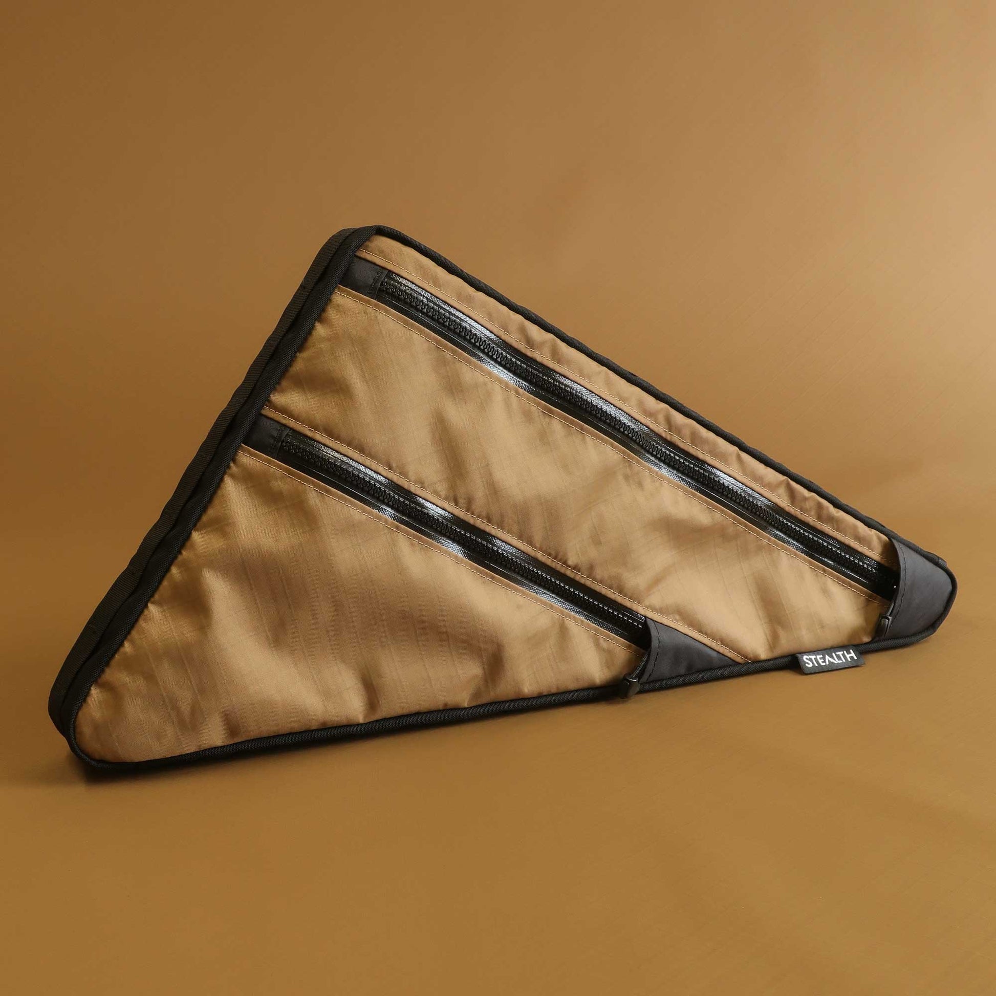 Large bikepacking frame bag in coyote EPX200 with double zip compartments made by Stealth Wellington NZ