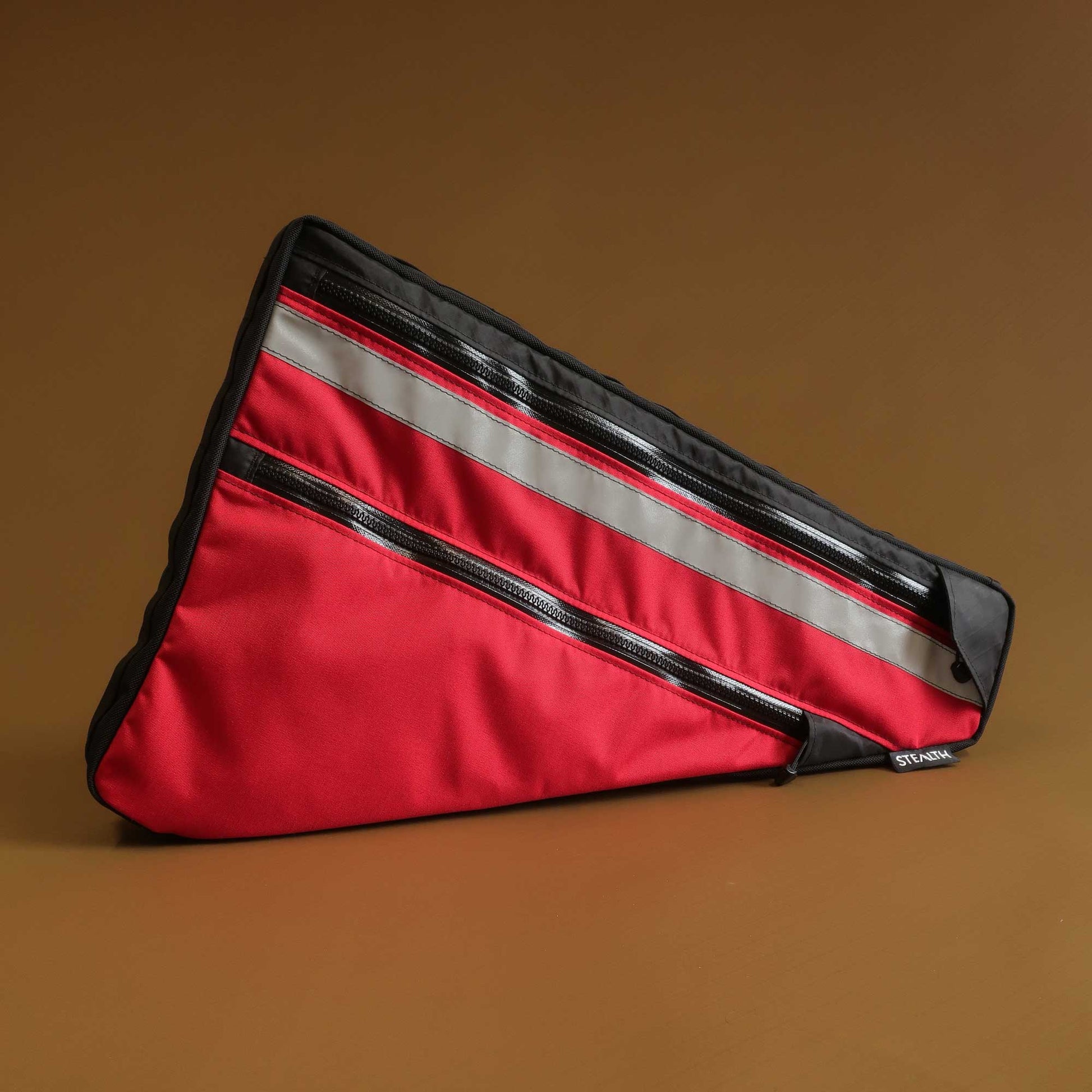 Large frame bag in black and red with reflective strip and double zip compartments made by Stealth Wellington NZ