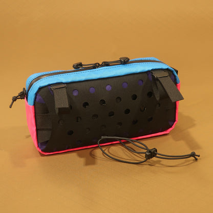 Limpet back panel in purple blue and pink EPX200 showing padded back and laser-cut strap sleeve made by Stealth Wellington NZ