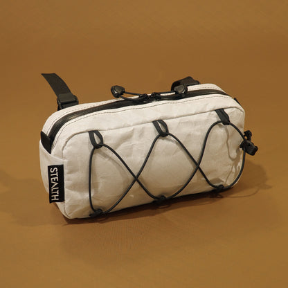 Limpet handlebar bumbag in white Ultra200x with bungee front pocket and camlock handlebar straps made by Stealth Wellington NZ