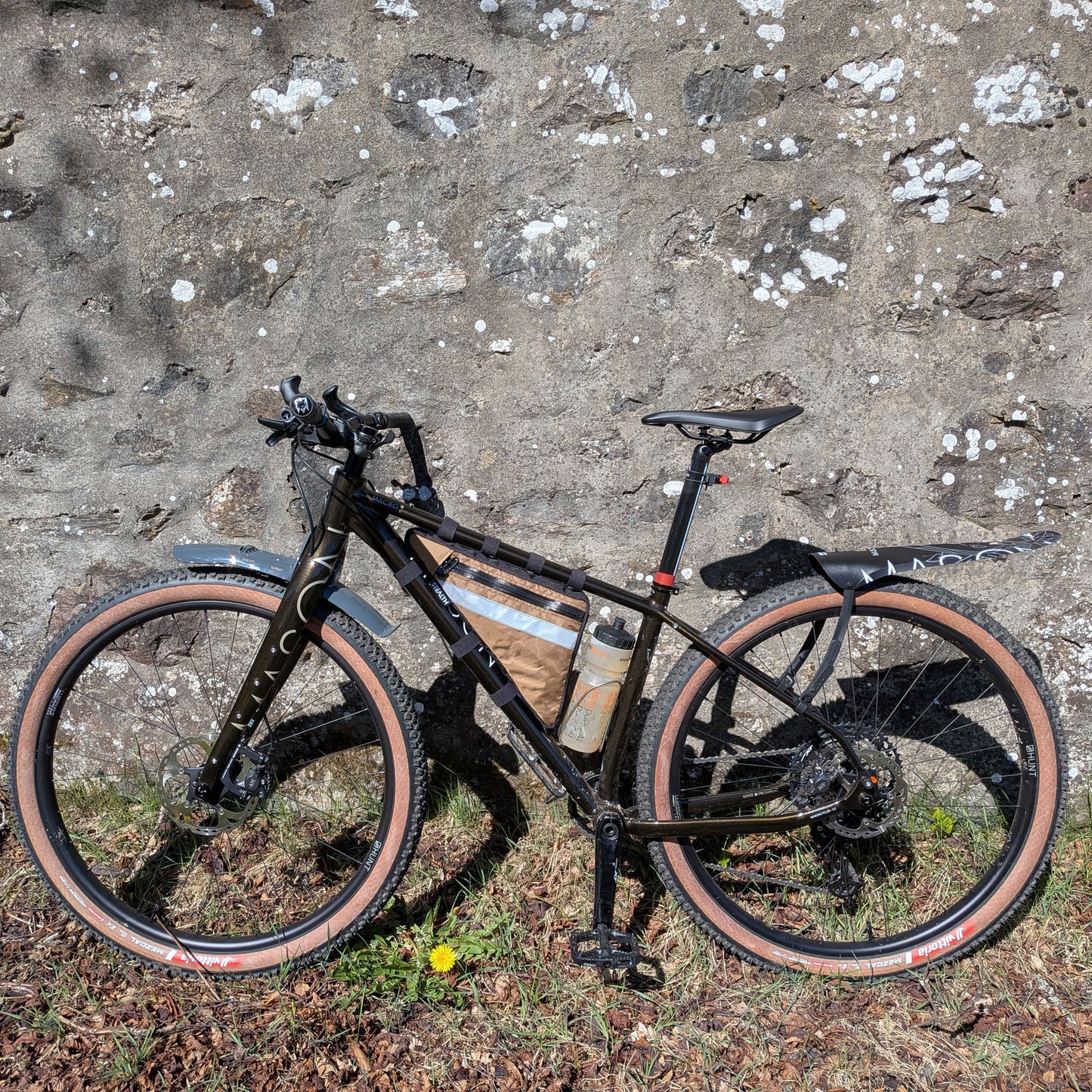 Mason Macro custom partial wedge frame bag for bikepacking in coyote with reflective strip made by Stealth Wellington NZ