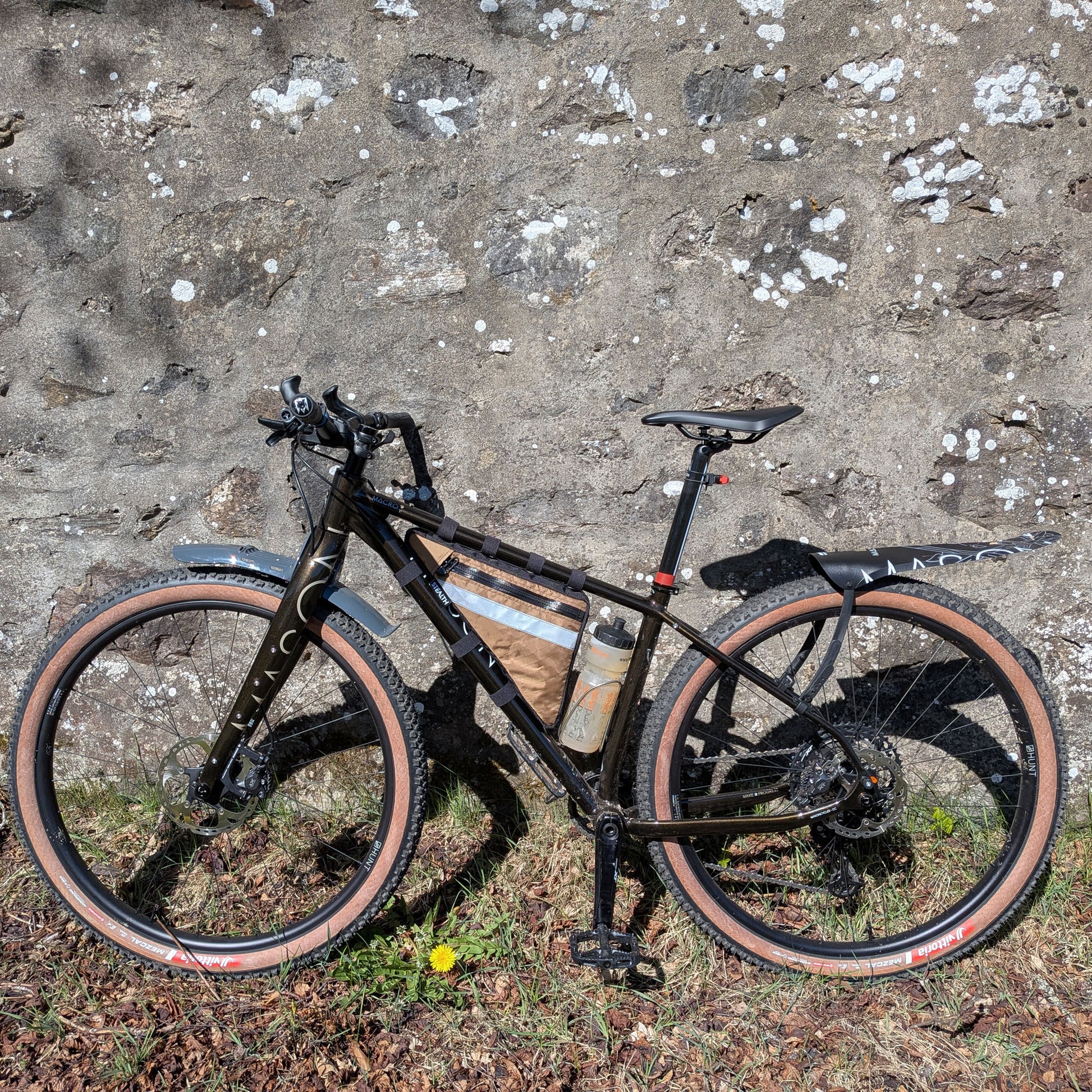 Mason Macro custom partial wedge frame bag for bikepacking in coyote with reflective strip made by Stealth Wellington NZ