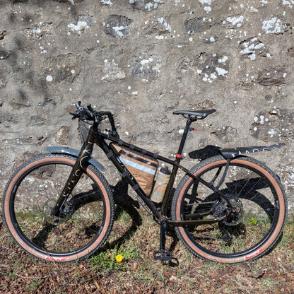 Mason Macro custom partial wedge frame bag for bikepacking in coyote with reflective strip made by Stealth Wellington NZ