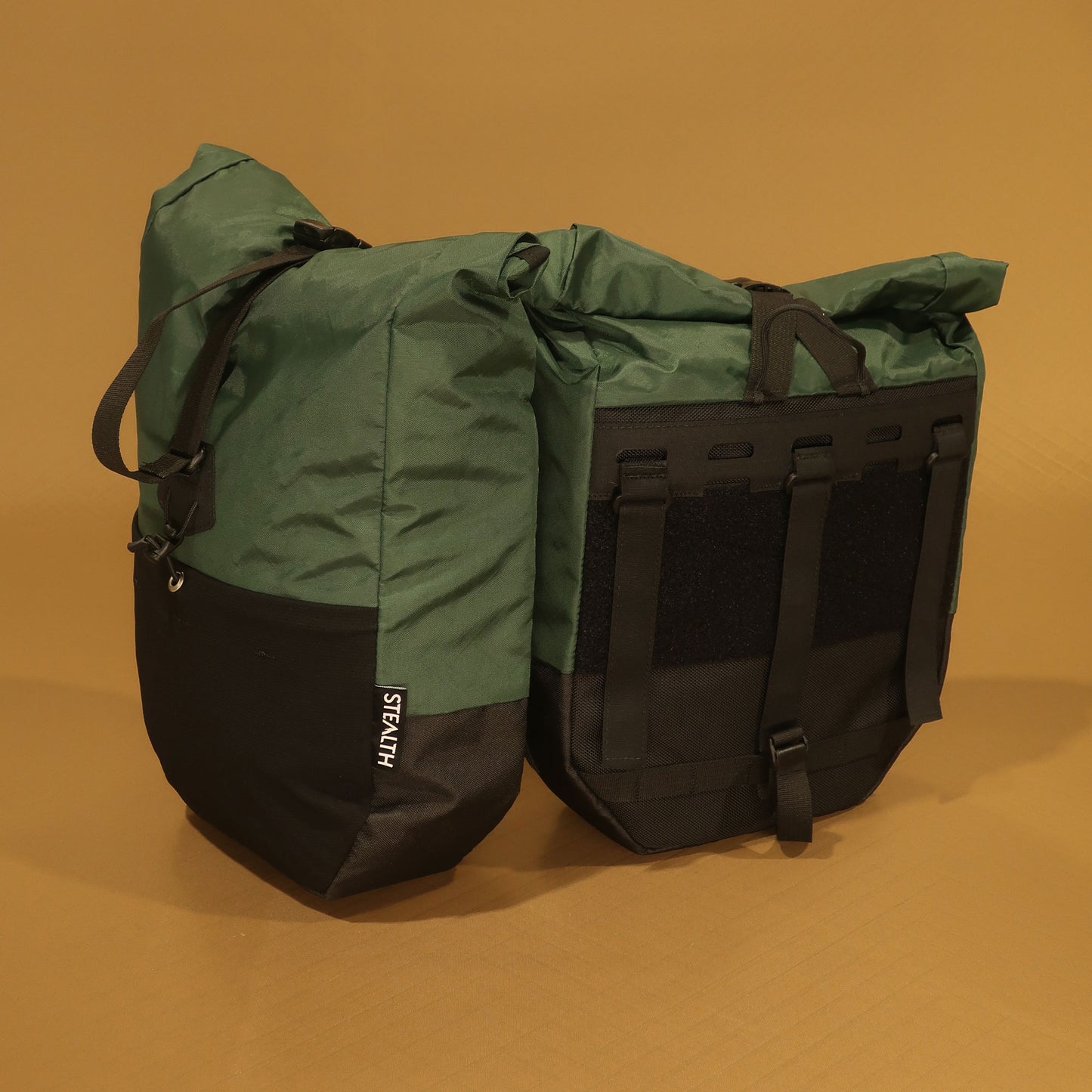 Mountain Pannier 10L pair in green EPX200 showing front and velcro attachment back panel made by Stealth Wellington NZ