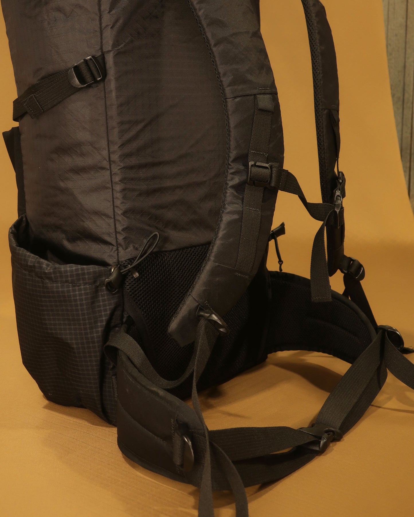 Rata 40 tramping pack removable hip belt detail showing padded wings and adjustment straps, made by Stealth Wellington NZ