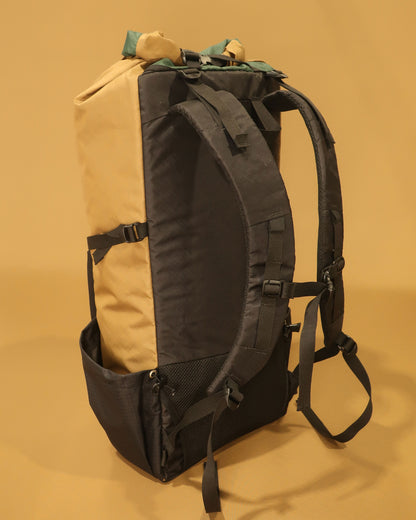 Rata 40 coyote tan tramping pack rear view showing S-shaped shoulder straps and padded back panel, made by Stealth Wellington NZ