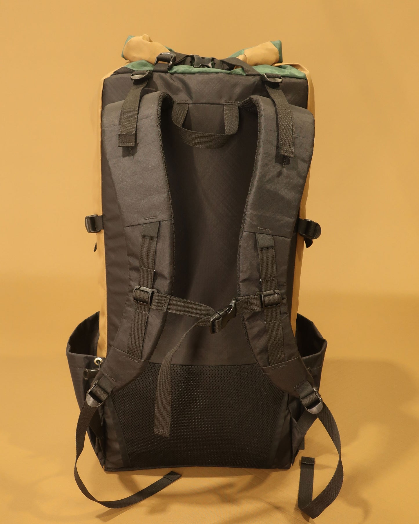Rata 40 coyote tan pack back panel showing S-shaped shoulder straps, load lifters and sternum strap, made by Stealth NZ