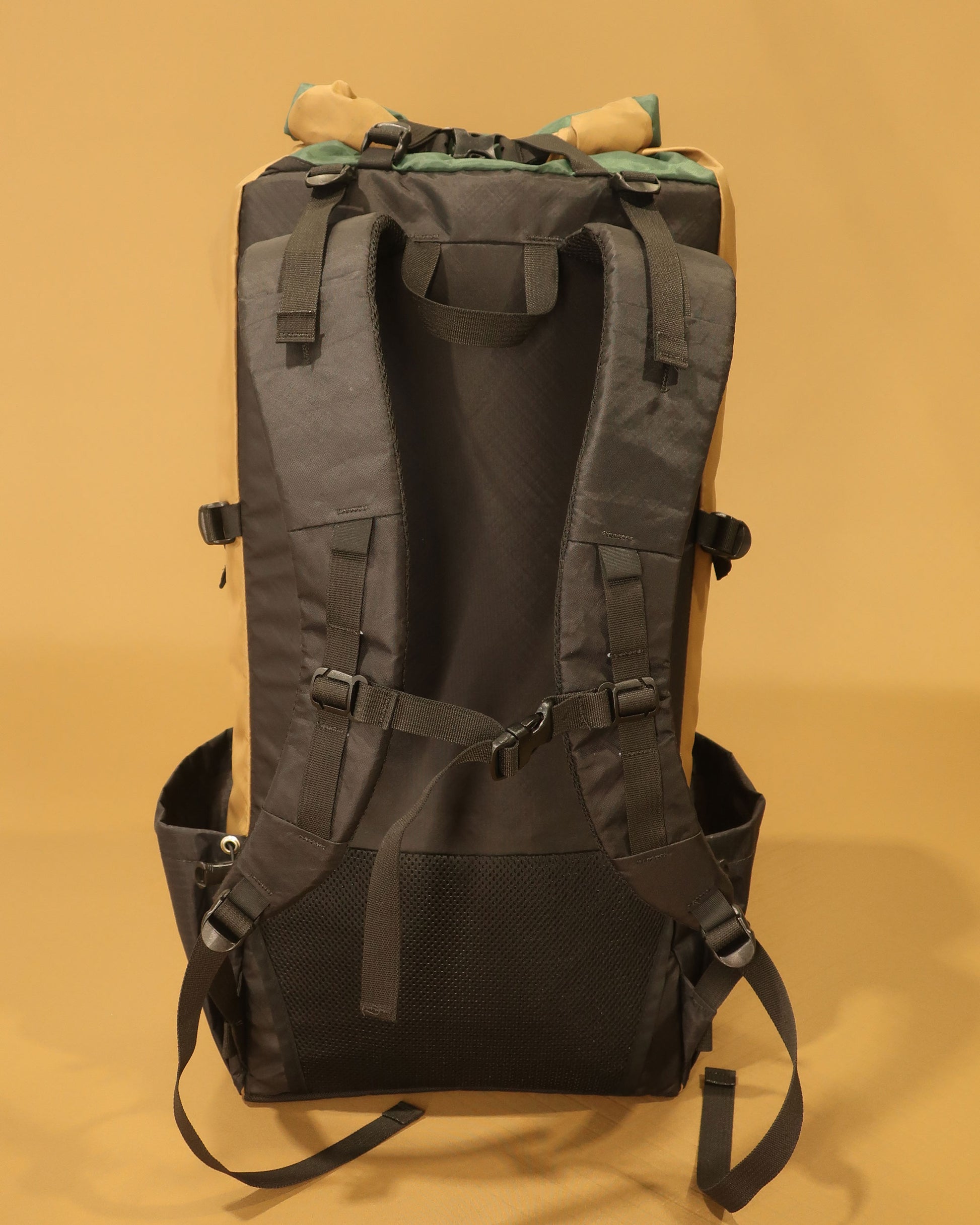 Rata 40 coyote tan pack back panel showing S-shaped shoulder straps, load lifters and sternum strap, made by Stealth NZ