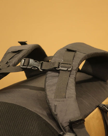 Rata 40 tramping pack removable sternum strap detail showing 20mm webbing and side release buckle, made by Stealth Wellington NZ