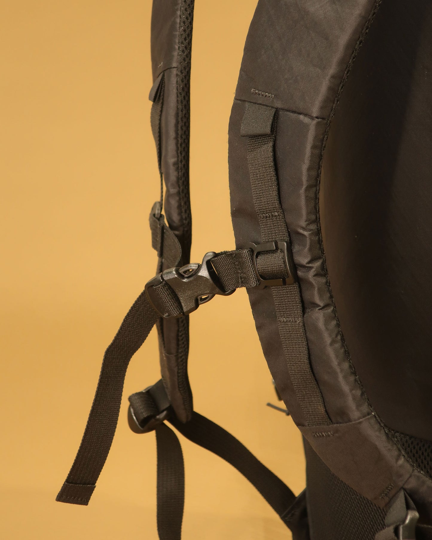 Tramping pack shoulder strap detail showing adjustable sternum strap, made by Stealth Wellington NZ