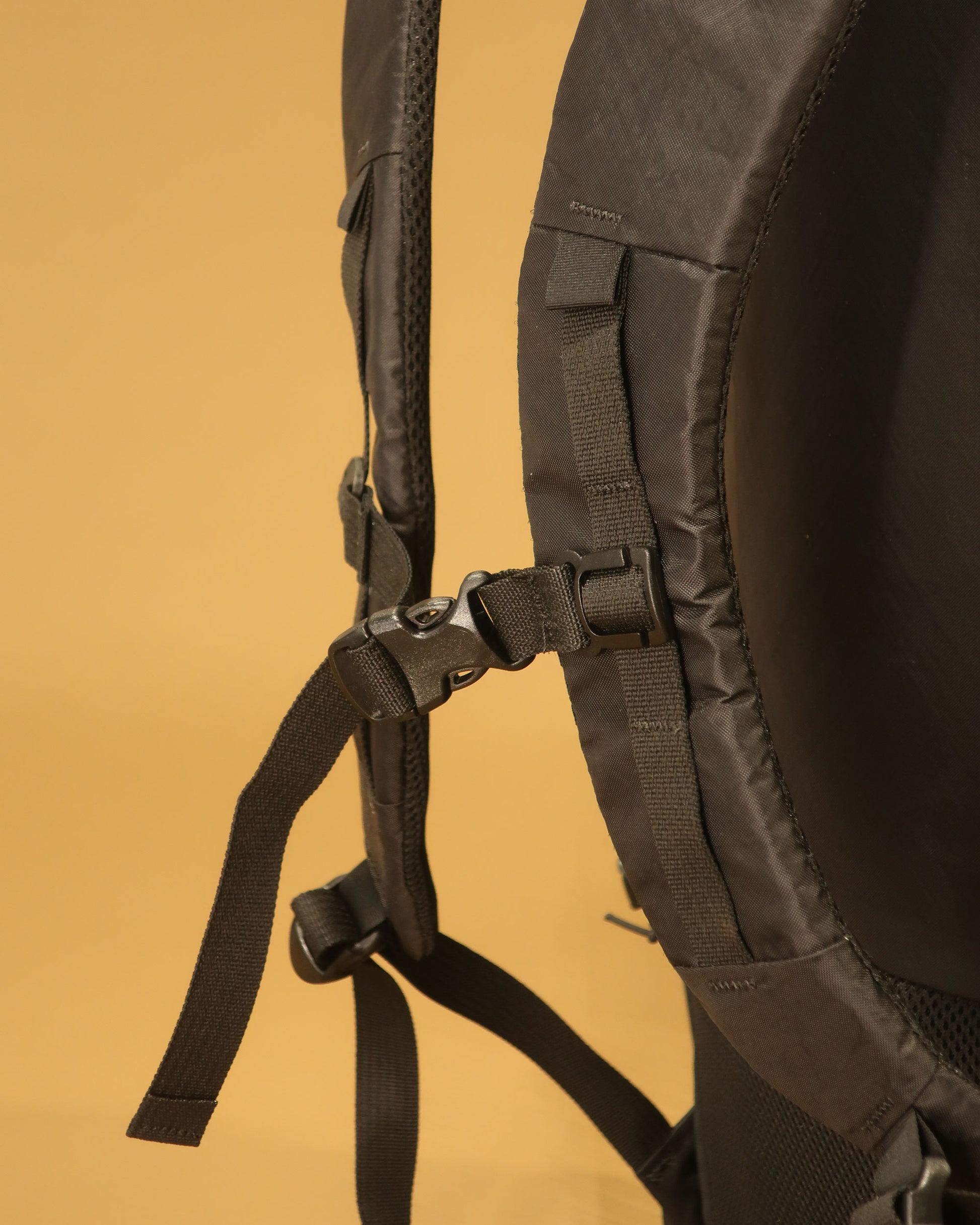 Tramping pack shoulder strap detail showing adjustable sternum strap, made by Stealth Wellington NZ