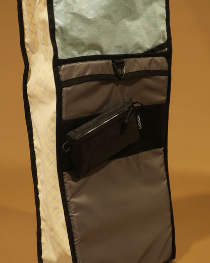 Rata 40 tramping pack optional internal zip pocket shown attached via velcro to back panel, made by Stealth Wellington NZ
