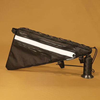 Custom full frame bag with double zips in black EPX200, reflective strip, top lacing, and Velcro straps, designed for Salsa Fargo bike.