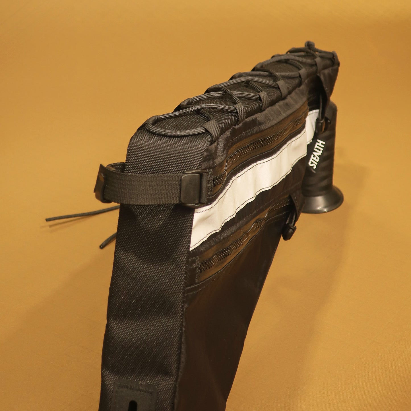 Handmade custom full frame bag with double zips, lacing and webbing straps, designed for Salsa Fargo medium, suitable for bikepacking or cycling adventures.