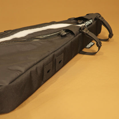 Black water resistant custom full frame bag with double zips and bolt-on attachment, designed to fit Salsa Fargo, handmade in New Zealand by Stealth.