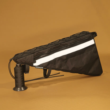 Handmade black double zip full frame bag with external lacing and map pocket, designed for Salsa Fargo gravel bike