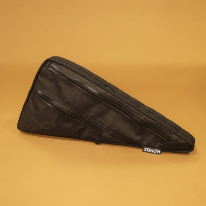 Custom full frame bag with double zips in Black EPX200 fabric, made for Scott Spark RC mountain bike for bikepacking adventures.