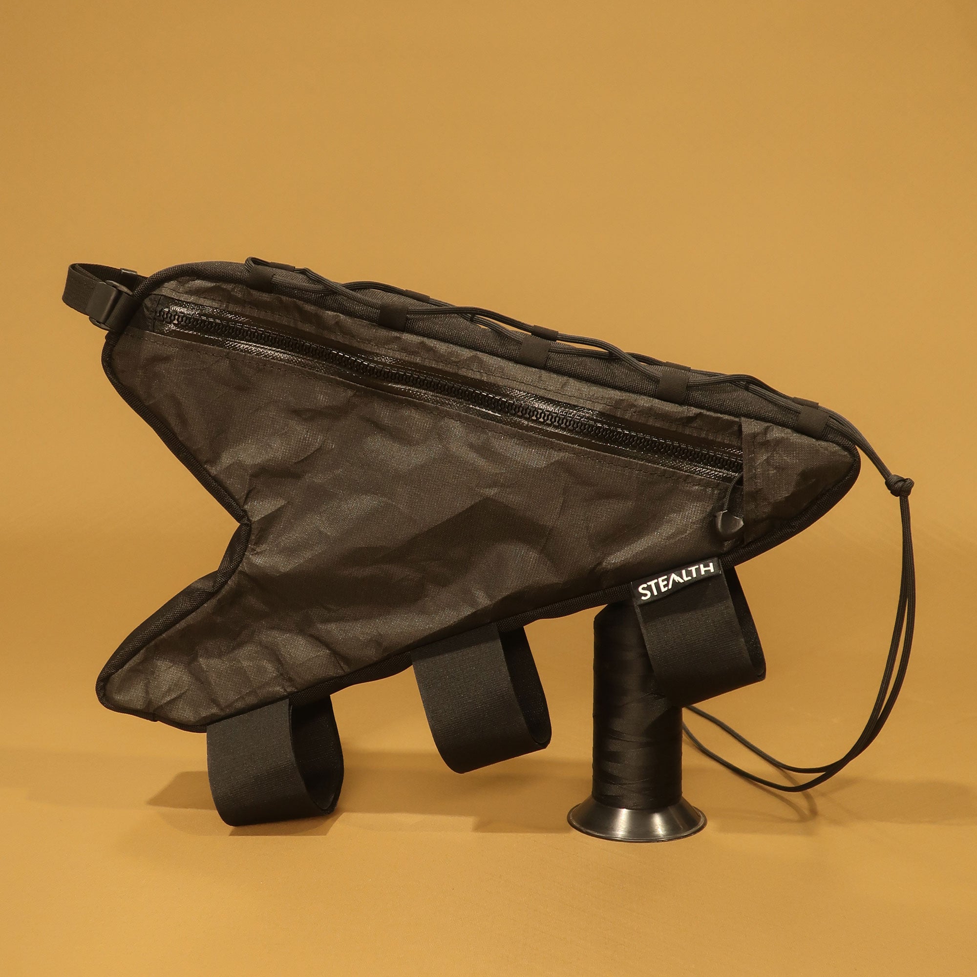 Black single-zip full frame bikepacking bag with multiple straps, designed for Scott Spark mountain bike.