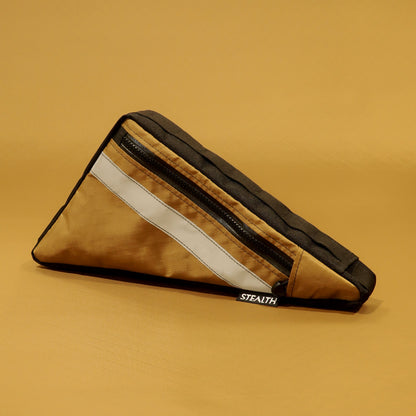 Custom single zip full frame bag in coyote EPX200 fabric with reflective trim made by Stealth Wellington NZ