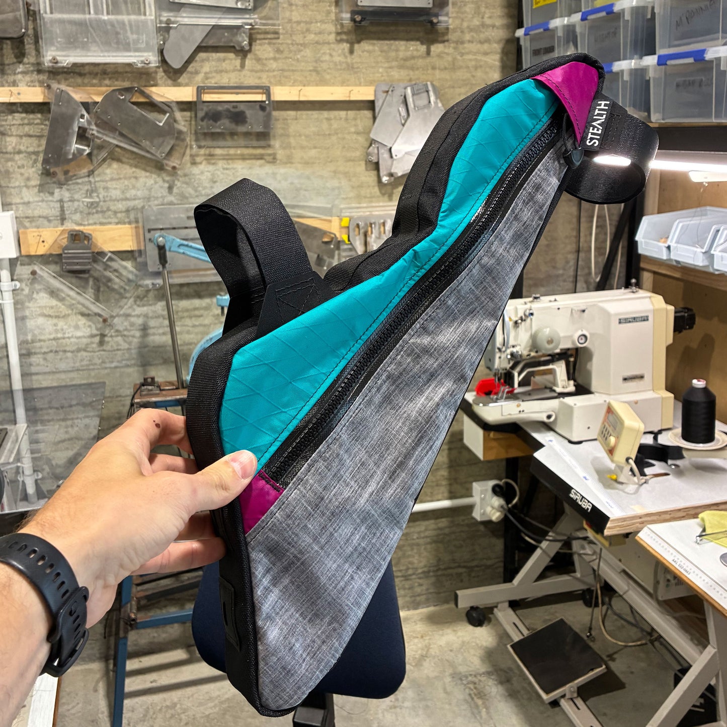 Handmade custom bikepacking frame bag with single zip, designed for Specialized Chisel full suspension bike.