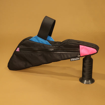 Black custom made full suspension frame bag with a water resistant zip and pink and blue accents for a Specialized Epic