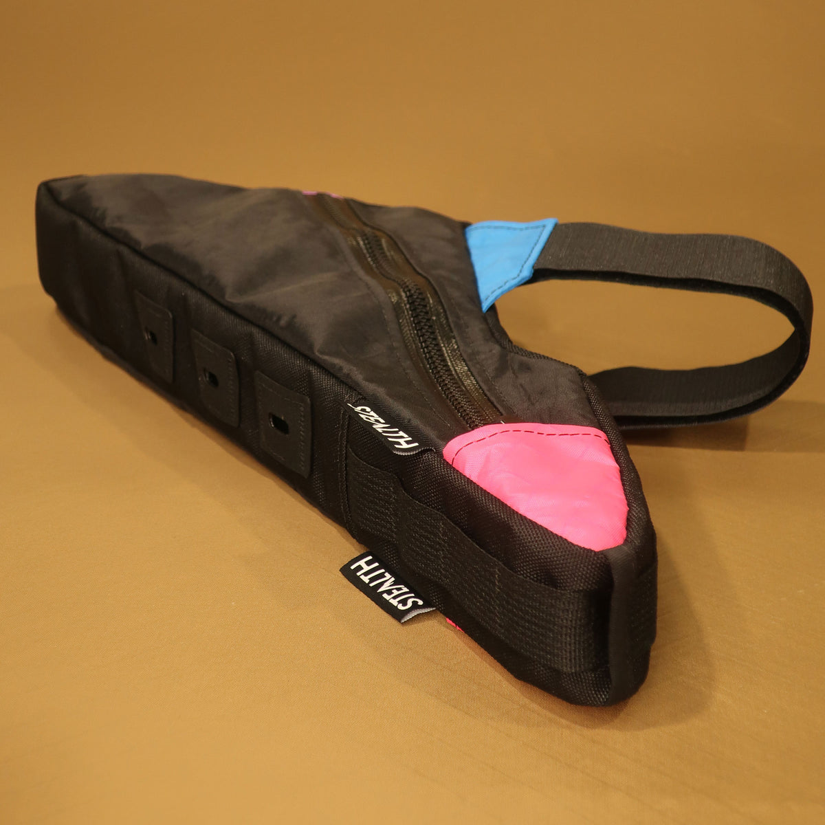 Black custom full suspension frame bag for a Specialized Epic, with zipper access and bolt on and Velcro attachments.