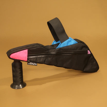 Black custom full suspension frame bag with pink and blue accents, map and phone pocket, made for a Specialized Epic.