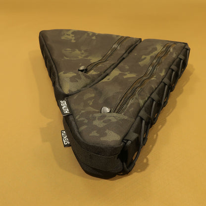Custom full frame bag with double zippers in Multicam black, featuring lace-up and bolt-on attachment for a Surly Midnight Special, made in New Zealand.