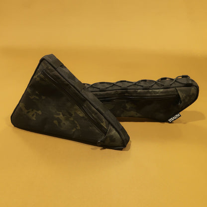 Split full frame bag in multicam black, shown separated into top and bottom sections, handmade in New Zealand for tough conditions