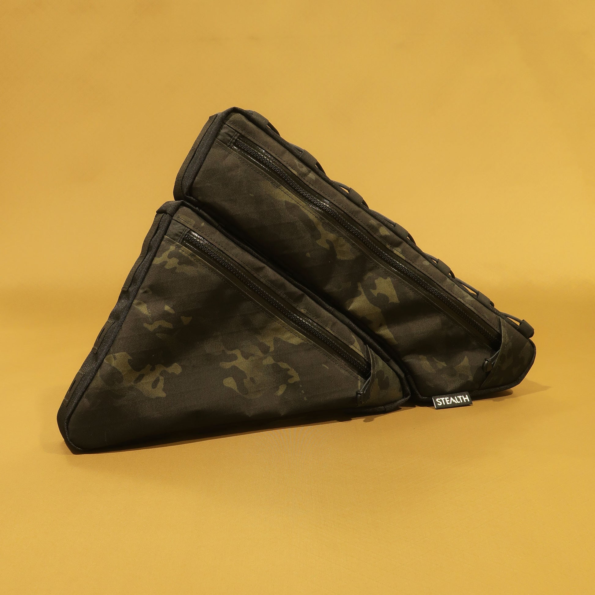 Custom split full frame bag with double zippers in multicam black, handmade for Surly Midnight Special for gravel riding