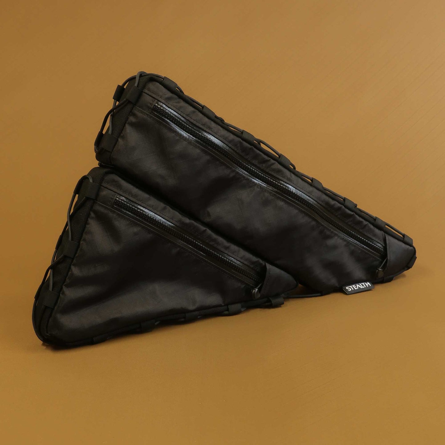 Split full frame bag in black Ecopak with lace-up attachment both sections stacked made by Stealth Wellington NZ