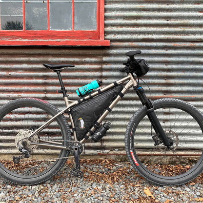 Stanton Switch9er Ti custom full frame bag in Ultra200 black on titanium hardtail made by Stealth Wellington NZ