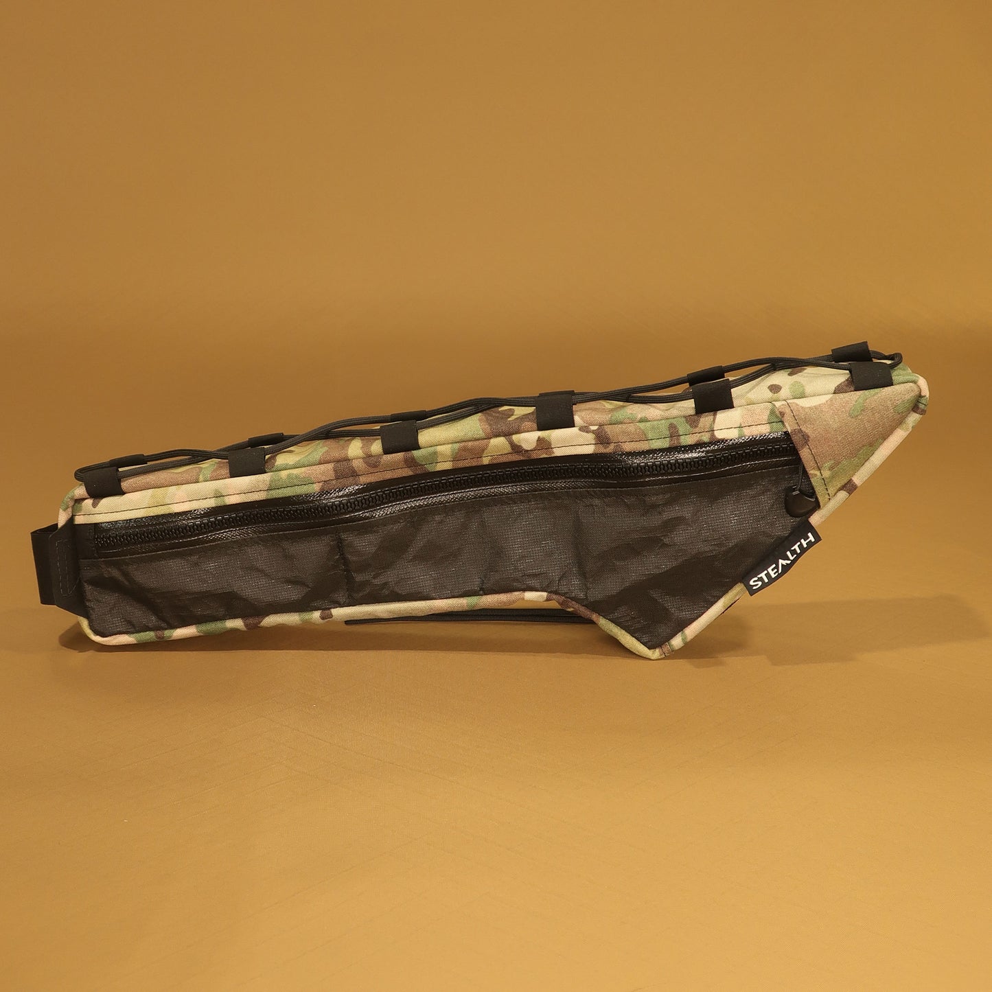 Custom half frame bag for Sufur frame in tan multicam with mesh side pocket made by Stealth Wellington NZ