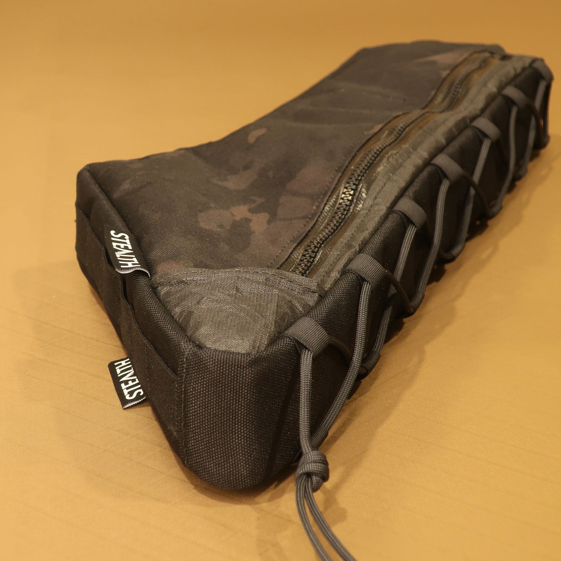 Custom half frame bag for Sufur frame in black with full lace-up attachment made by Stealth Wellington NZ