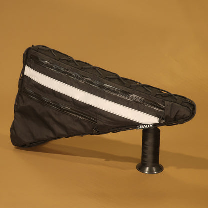 Black custom full frame bag with double zippers and lace-up attachment, designed for Surly Bridge Club bike; handmade outdoor gear from New Zealand.