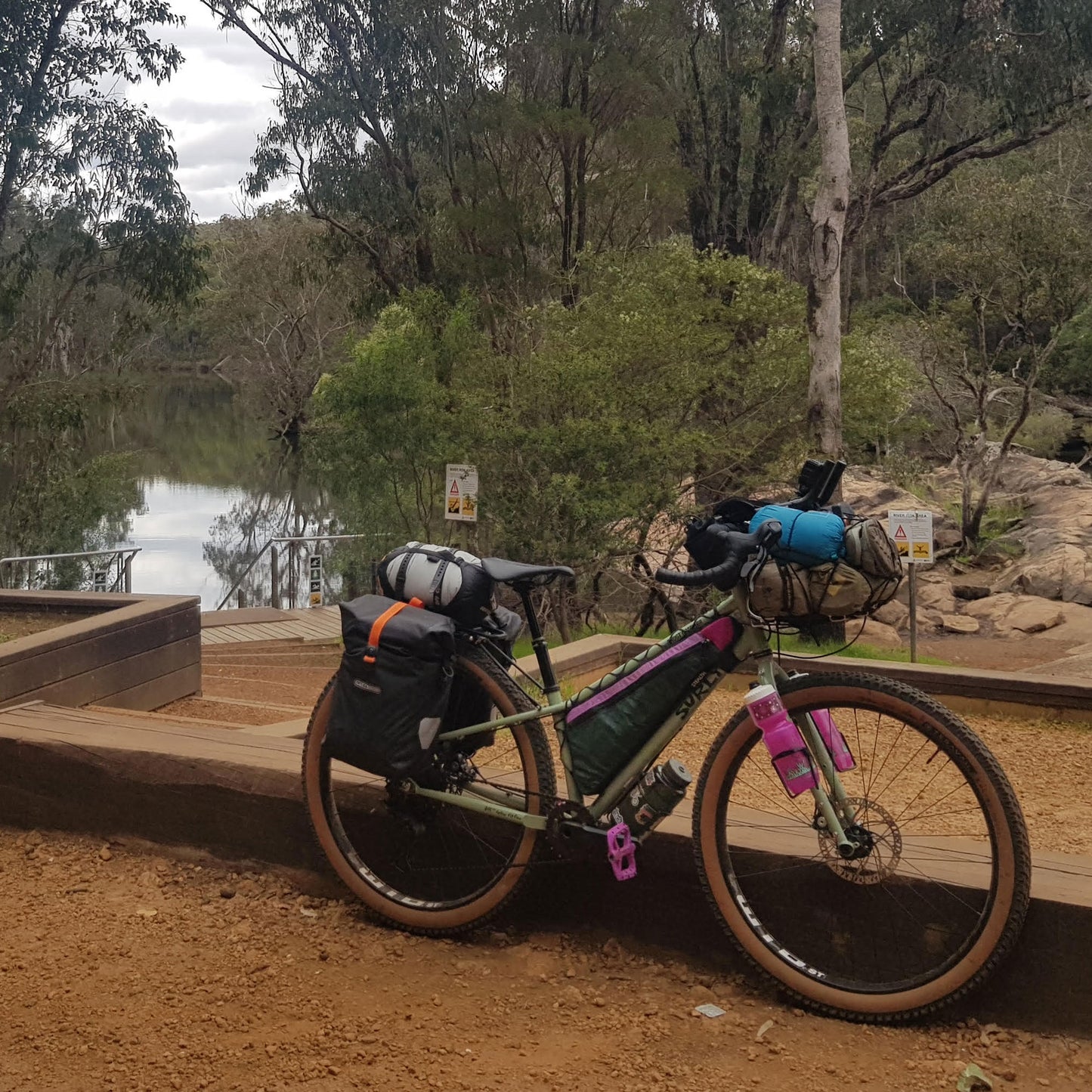 Surly Ghost Grappler XS multicolour frame bag with lace-up attachment on bikepacking tour made by Stealth Wellington NZ