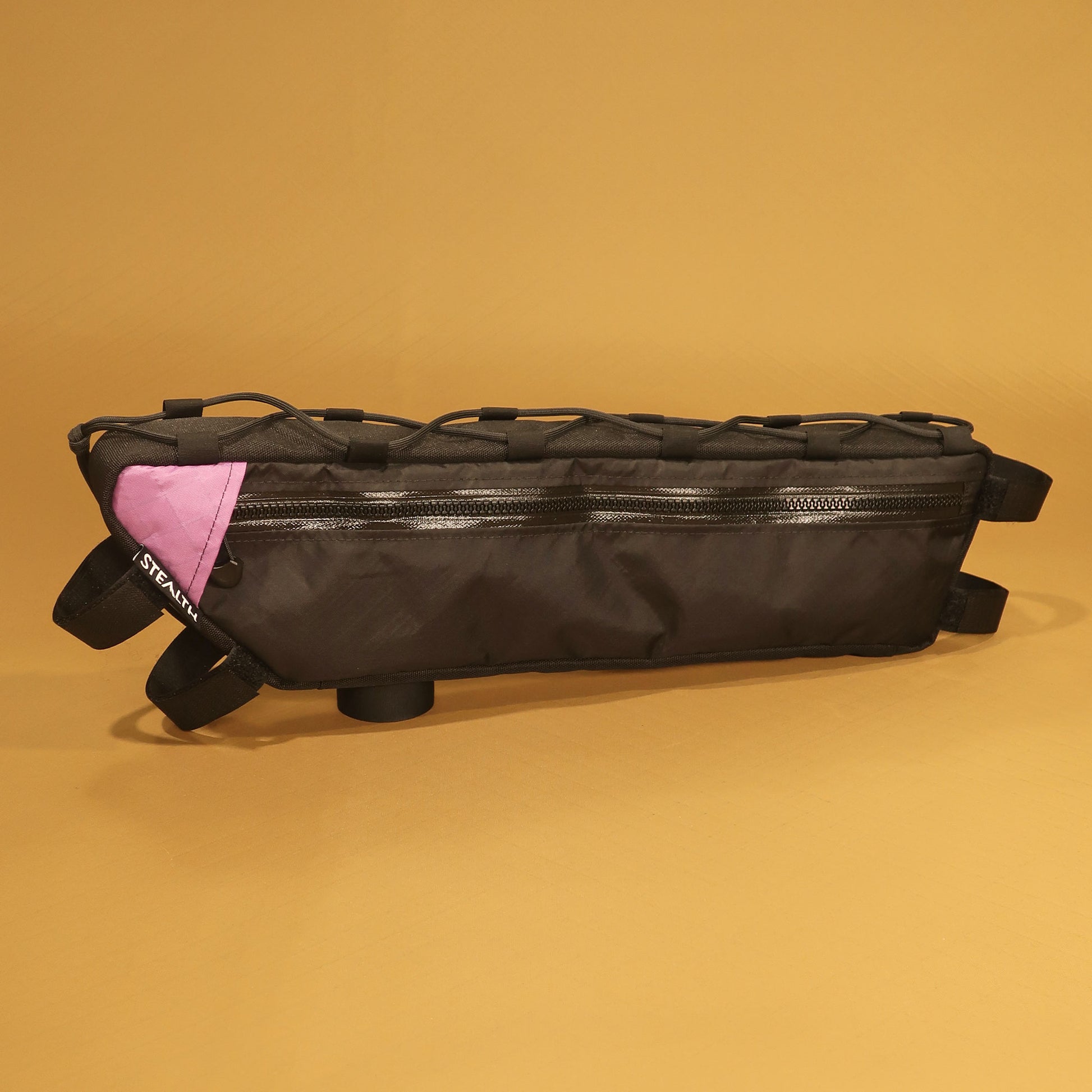 Custom half frame bag in black with lace-up attachment and phone or map pocket made by Stealth Wellington NZ