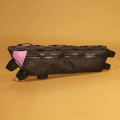 Custom half frame bag in black with lace-up attachment and phone or map pocket made by Stealth Wellington NZ