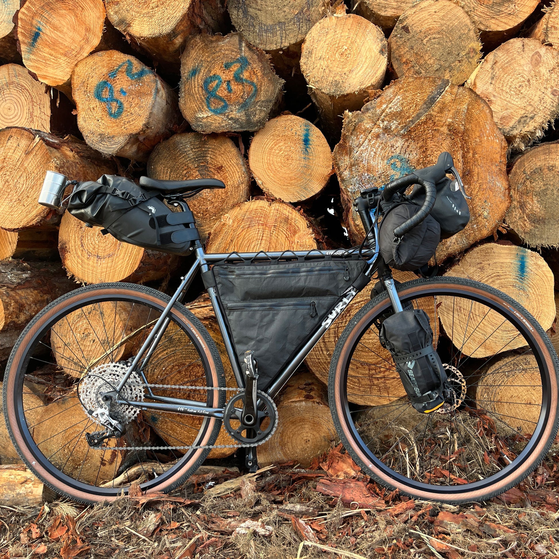 Surly Straggler custom double zip frame bag in black with lace-up and bolt-on attachment made by Stealth Wellington NZ