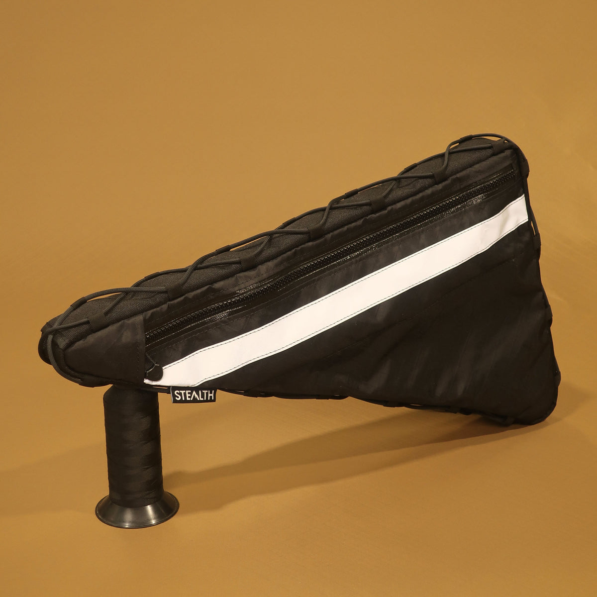 Custom black full frame bike bag with double zips, map and phone pockets, reflective strip, and lace-up attachment, made for Surly Bridge Club.
