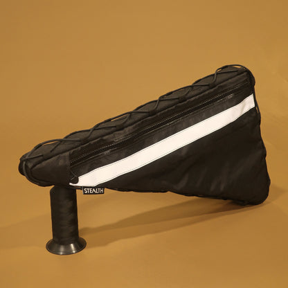 Custom black full frame bike bag with double zips, map and phone pockets, reflective strip, and lace-up attachment, made for Surly Bridge Club.