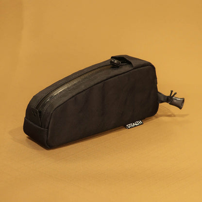 Bolt-on top loader top tube bag in black Ecopak recycled fabric made by Stealth Wellington NZ