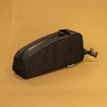 Top Loader bolt on top tube bag in black side profile showing wedge shape and zip pull made by Stealth Wellington NZ