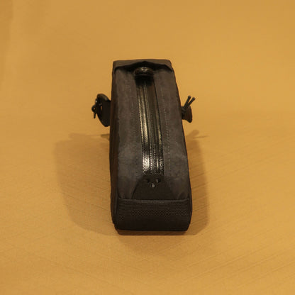 Top Loader bolt on top tube bag in black showing YKK water repellent zip and zip pull tab made by Stealth Wellington NZ
