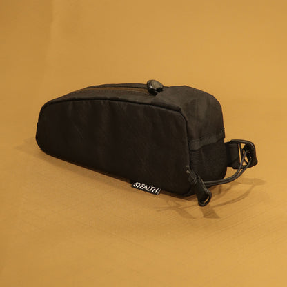 Top Loader bolt on top tube bag in black front detail with bungee attachment and cable port made by Stealth Wellington NZ