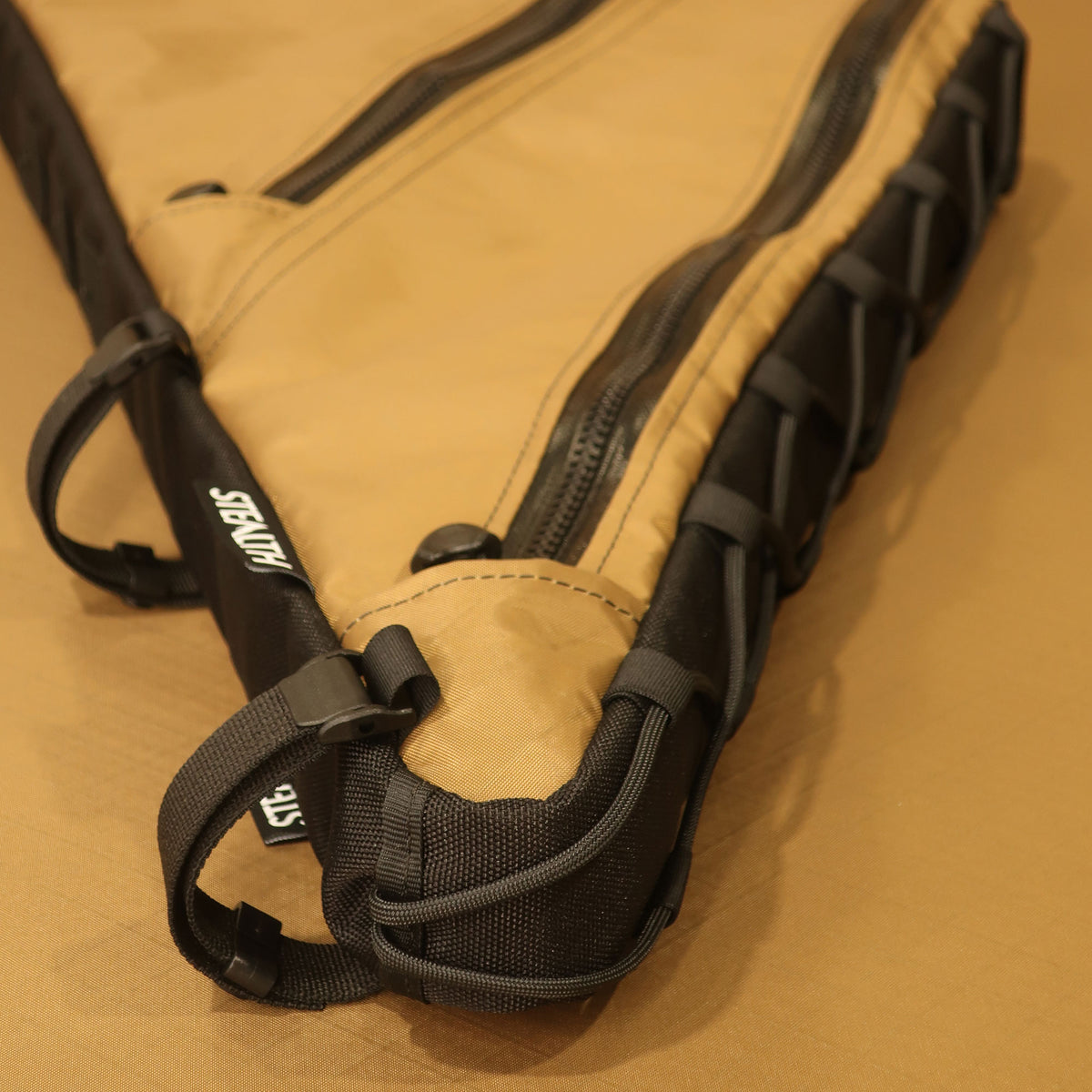 Custom full frame bag in Coyote EPX200 with double zippers and lace-up attachment, designed for Tumbleweed Prospector, handmade in New Zealand.