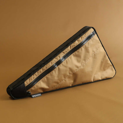 Custom gravel bike frame bag in coyote EPX200 showing map and phone pocket made by Stealth Wellington NZ