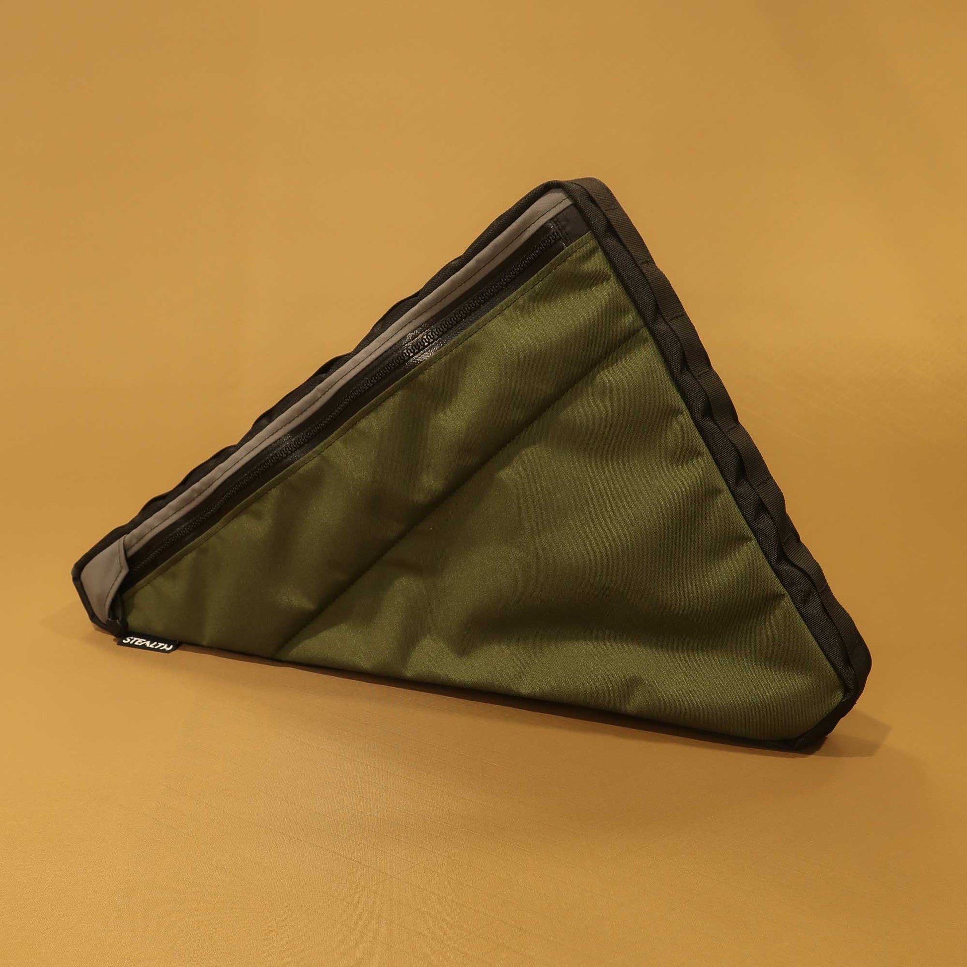 Custom frame bag in olive and grey 500D Cordura showing map pocket for bikepacking made by Stealth Wellington NZ