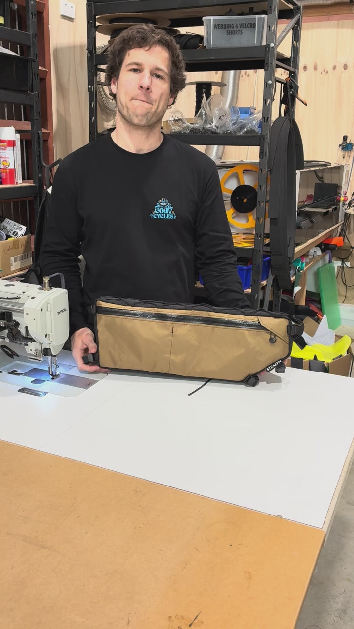 An overview of a custom half frame bag for a Kona Rove gravel bike